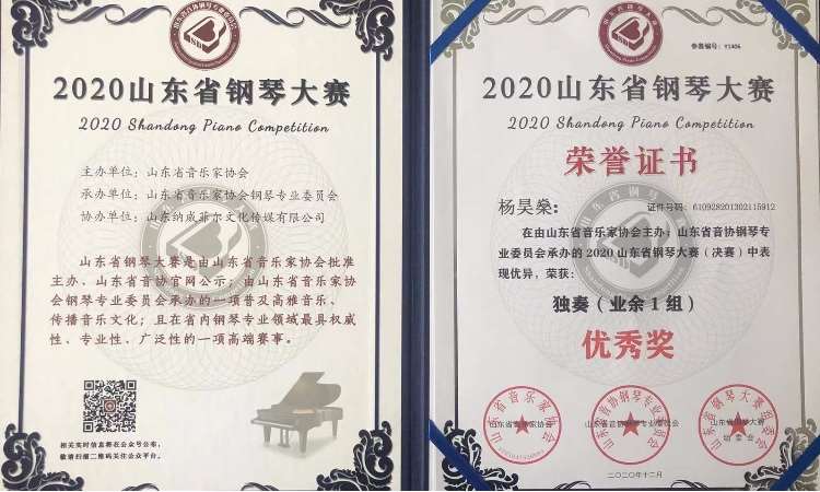 山东省钢琴大赛荣誉证书